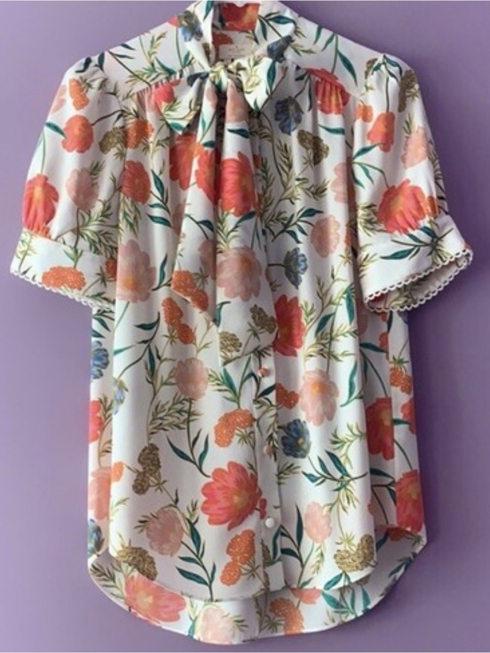 kate spade White Floral Tie-Neck Blouse with Coral and Green Accents